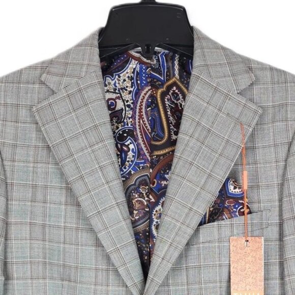 Tallia Mens Slim Fit Suit Jacket Blazer 38R Cream Brown Plaid Stretch Wool NWT - Picture 4 of 5